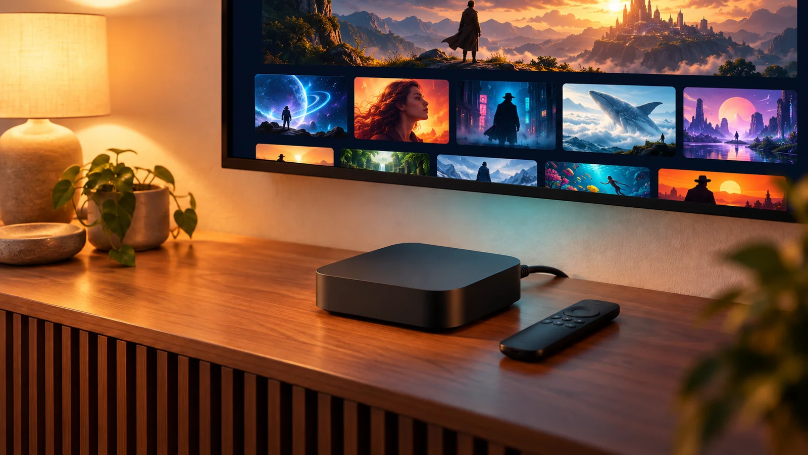 Illustration : box TV compacte et sa télécommande sous un téléviseur affichant une interface fictive