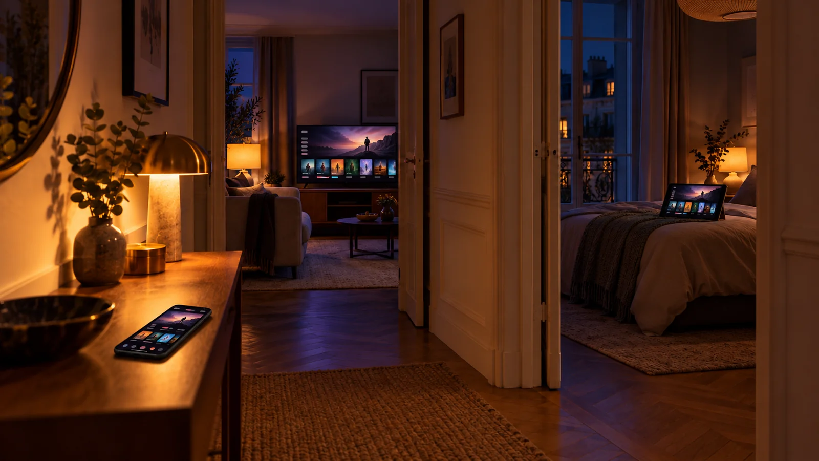 Illustration : salon et chambre le soir, un téléviseur, une tablette et un téléphone allumés sur une interface de streaming fictive