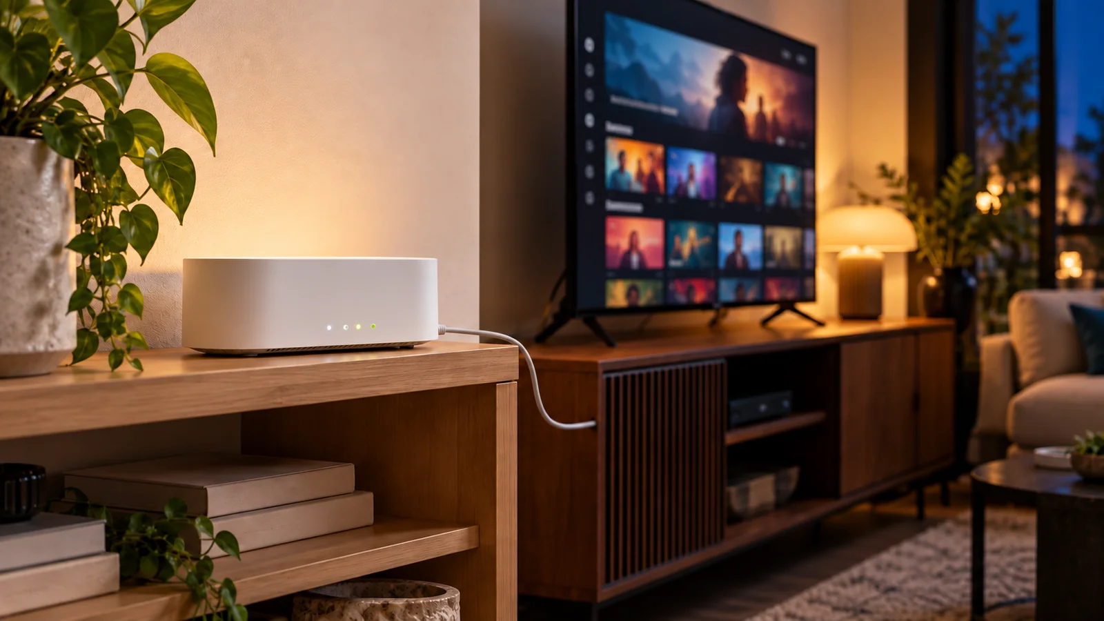 Illustration : box internet reliée par câble à un téléviseur affichant une interface de streaming fictive