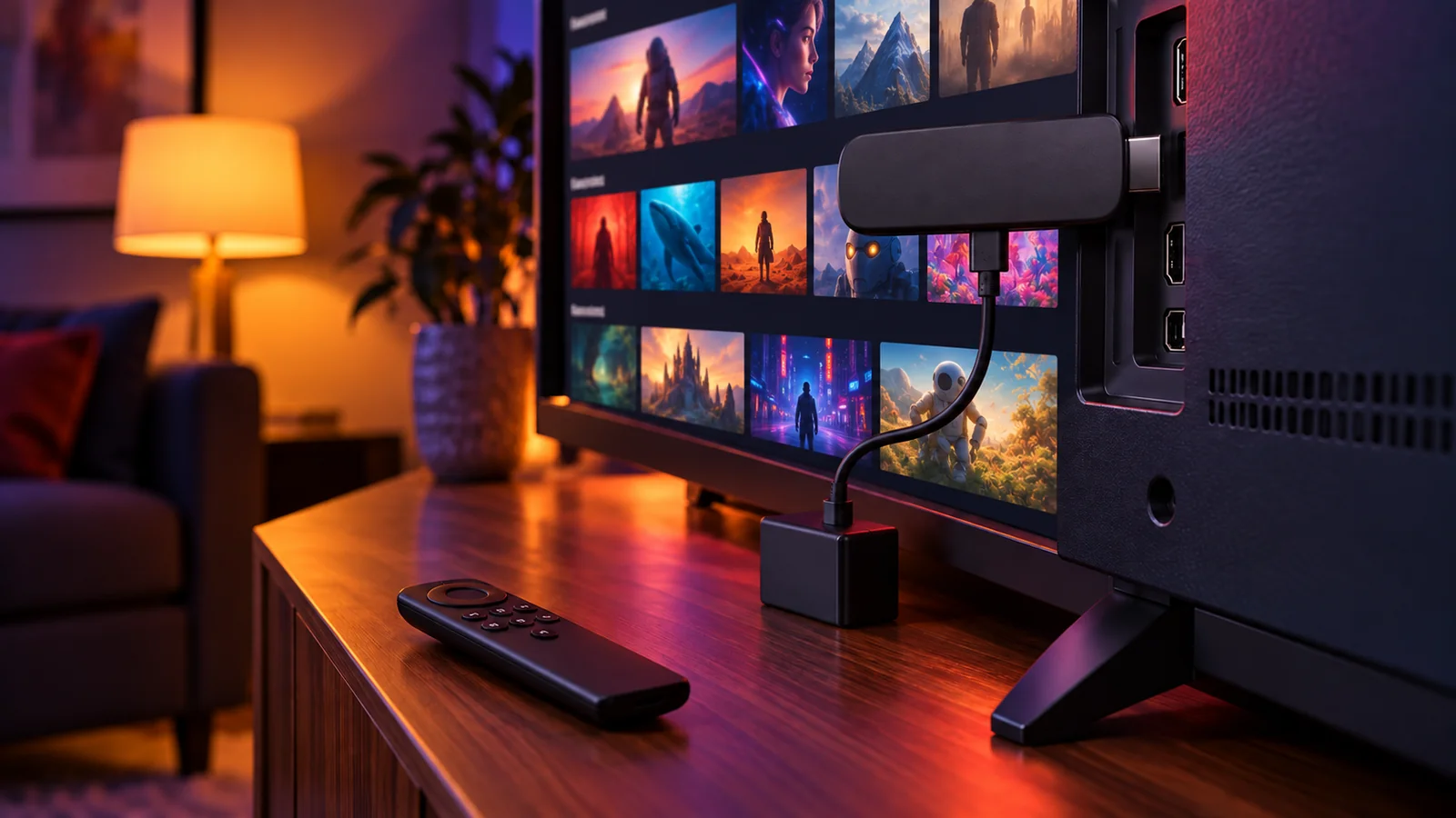 Illustration : clé de streaming branchée en HDMI à l’arrière d’un téléviseur, avec sa télécommande