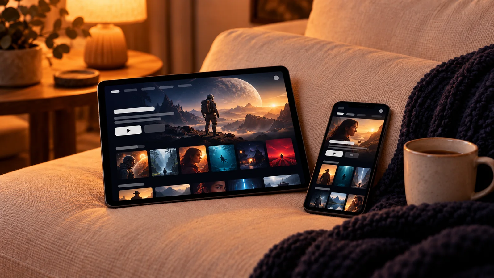 Illustration : tablette et smartphone sur un canapé, affichant une interface de streaming fictive