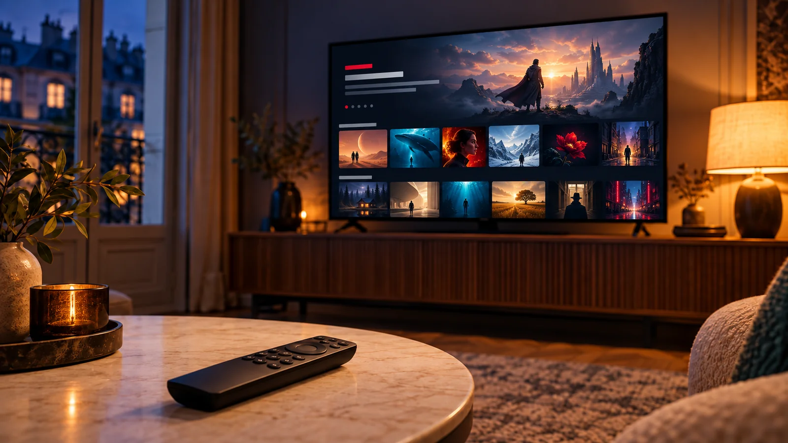 Illustration : Smart TV dans un salon le soir, télécommande sur la table basse, interface de streaming fictive