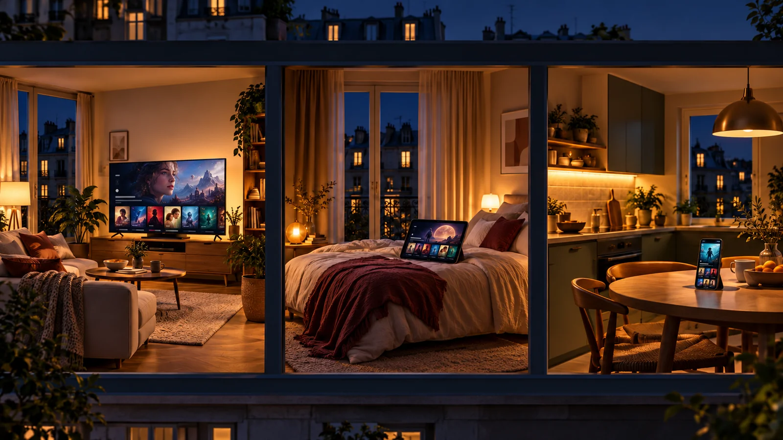 Illustration : un foyer le soir, un téléviseur au salon, une tablette dans la chambre et un téléphone dans la cuisine